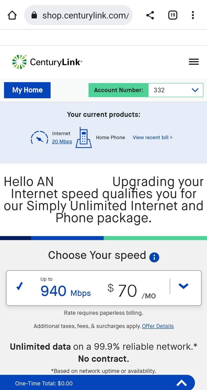 Screenshot of CenturyLink ordering page showing upgrade order