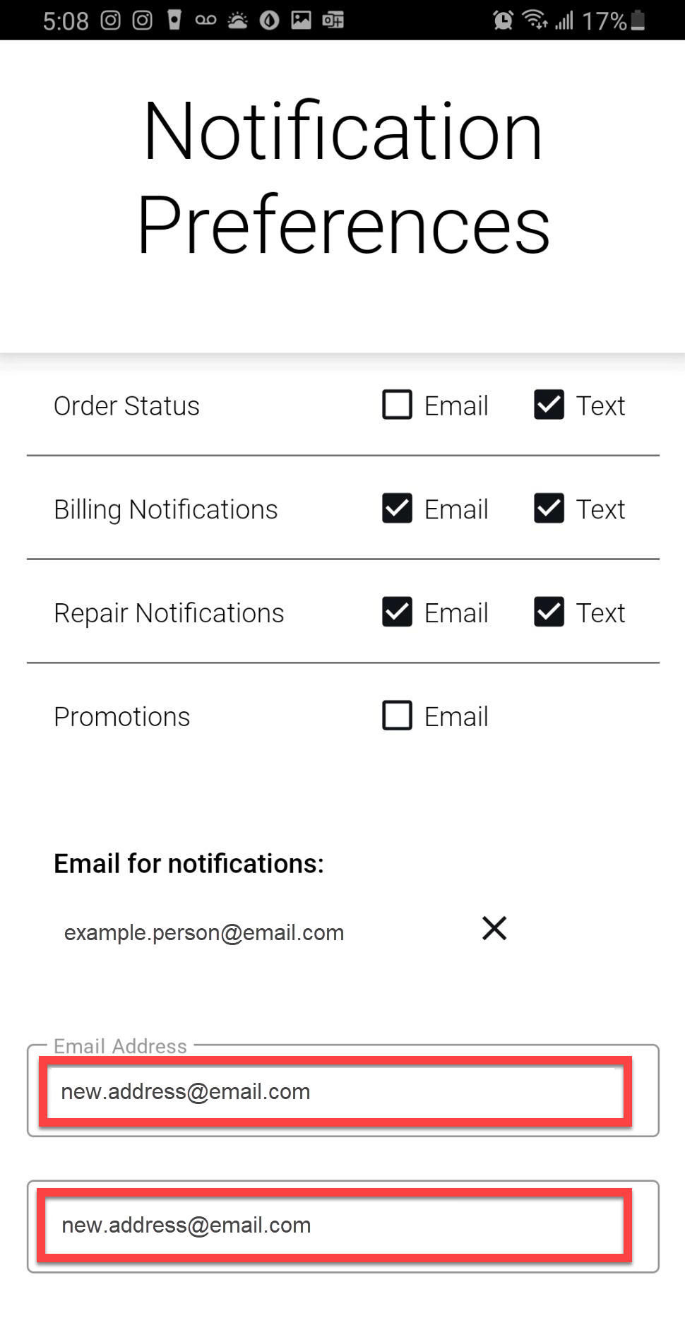 CenturyLink app, edit email screen