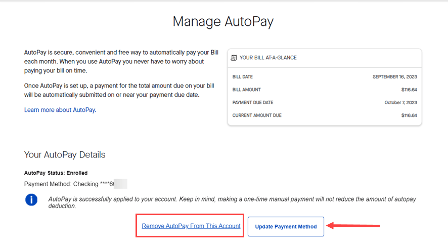 screenshot My CenturyLink Manage AutoPay page