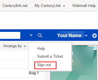screenshot of webmail menu showing sign out link