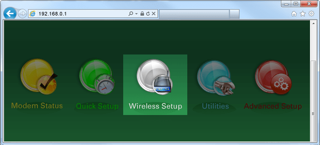 Screenshot of modem settings GUI menu, with Wireless Setup highlighted