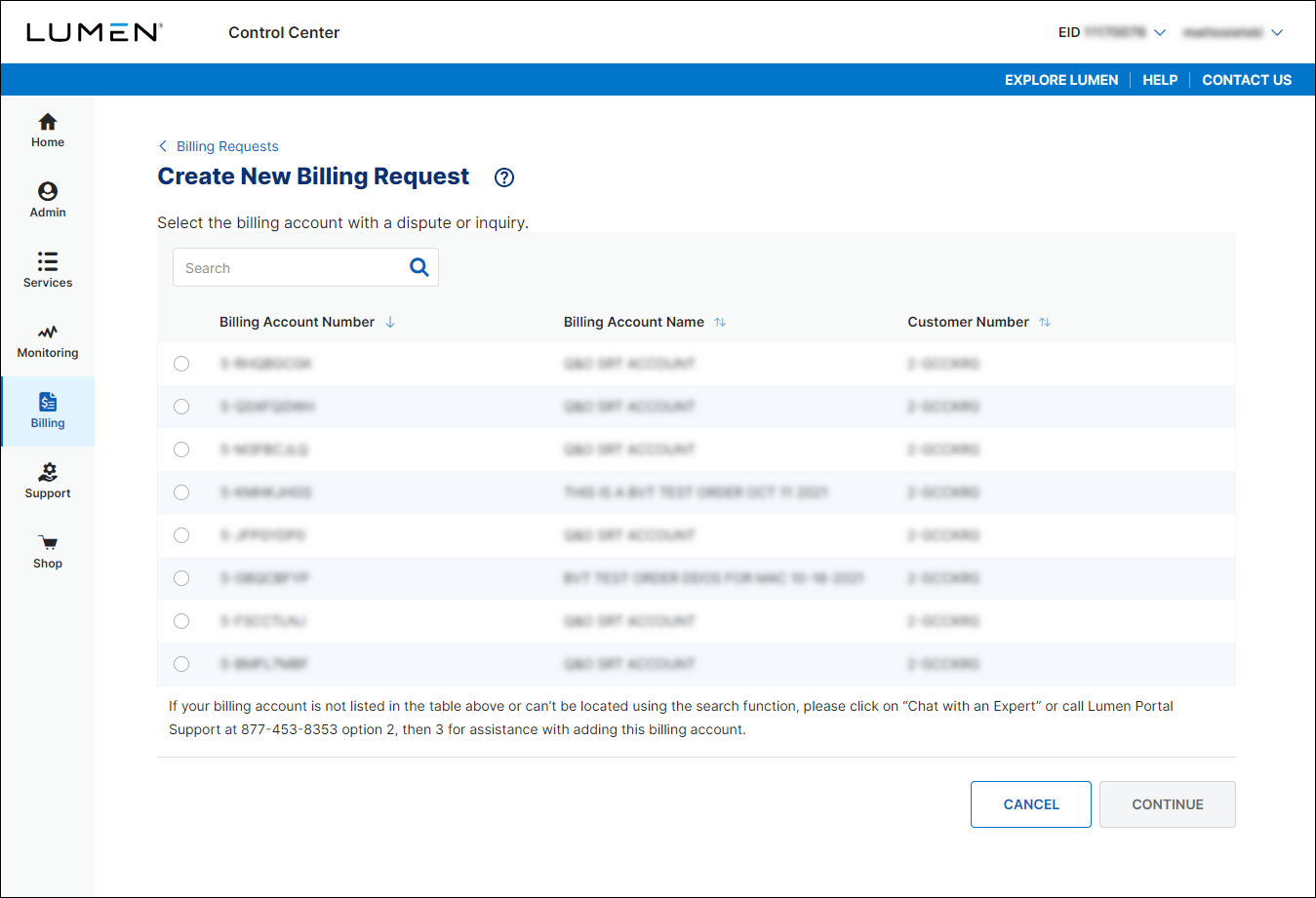Create New Billing Request (showing billing accounts)