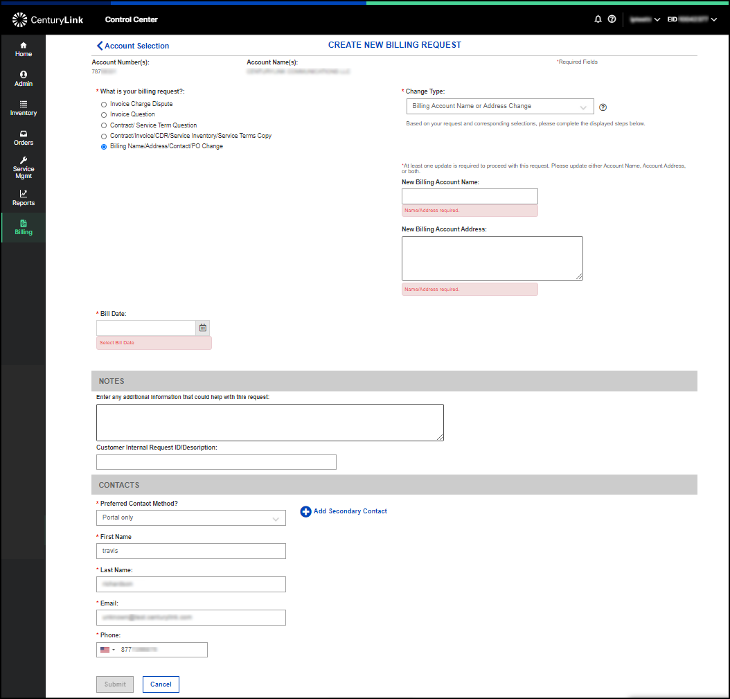 screenshot from Control Center - create billing request