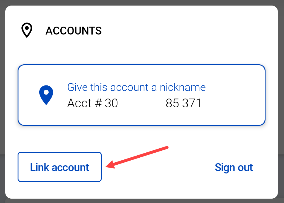 app screenshot account drop-down with "link account" pointed out