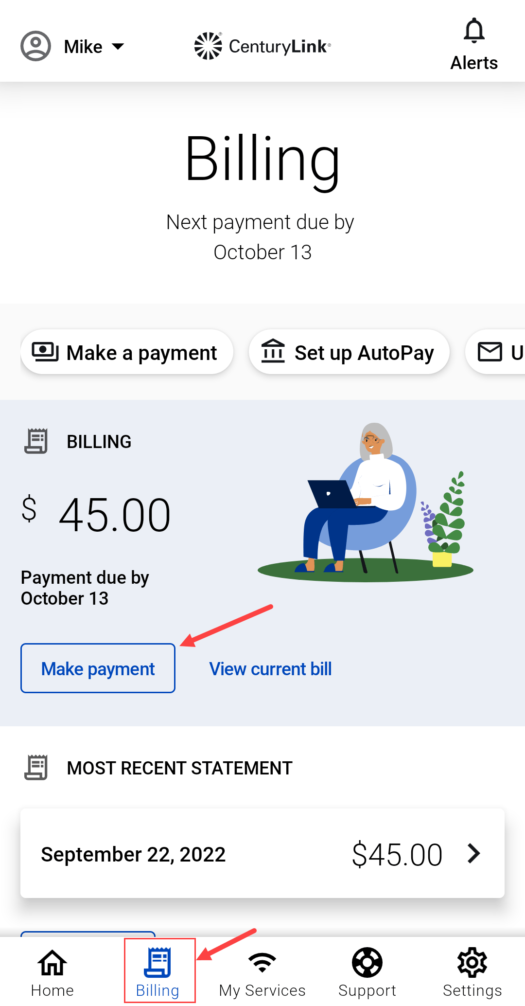 screenshot from Billing screen of app showing Make payment and Billing at bottom menu