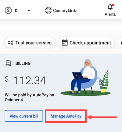 My CenturyLink app home screen showing link to manage AutoPay