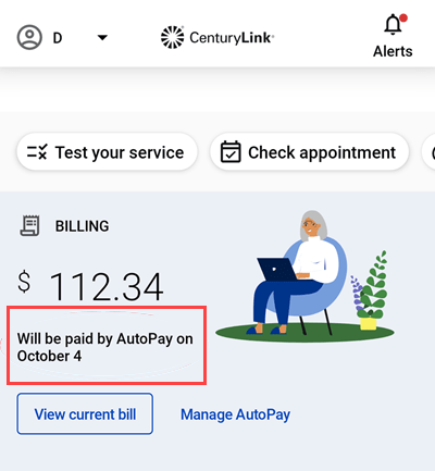 My CenturyLink app home screen showing next AutoPay payment date