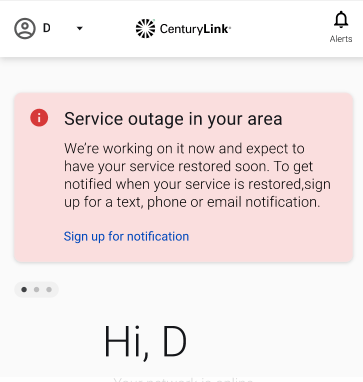 My CenturyLink app home screen shows outages