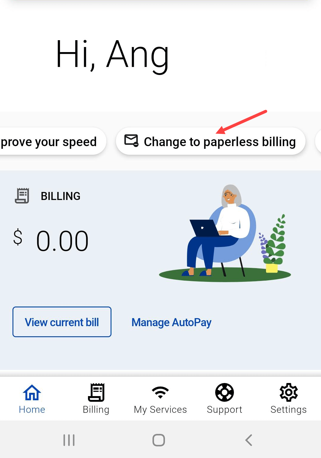 My CenturyLink app Settings screen with Paperless Billing pointed out