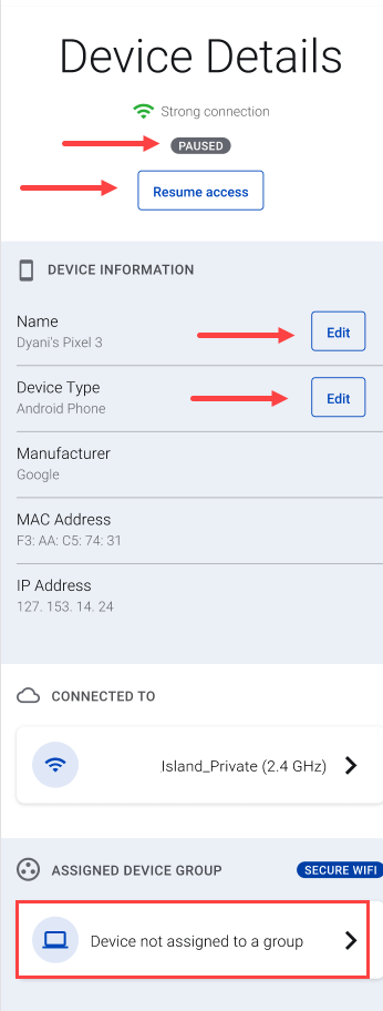 screenshot from app showing Device Details