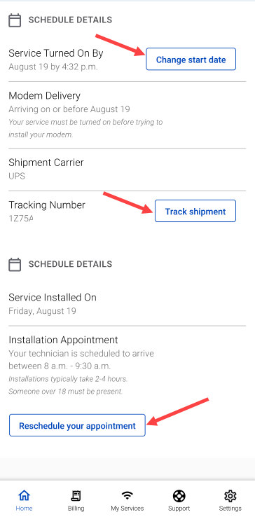 screenshot from app showing schedule details for a new customer with options to change start date, track shipment, reschedule appointment