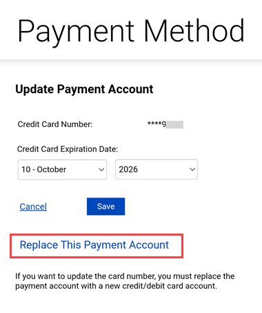 Payment method screen showing option to replace payment account