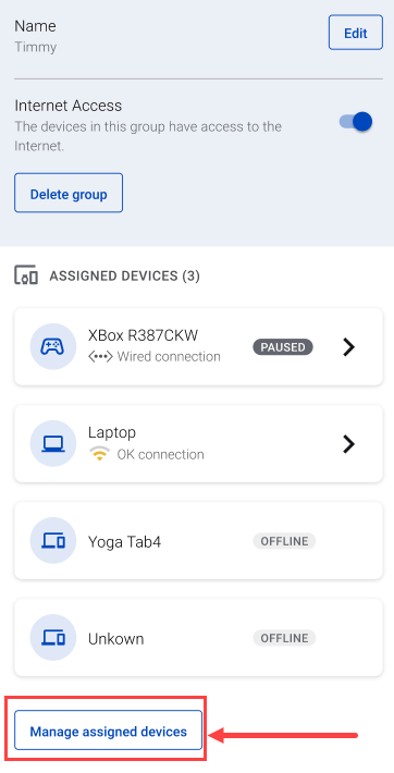 screenshot from app showing Assigned Devices for a group