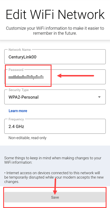 App Edit WiFi Network screen showing password field and "save" button