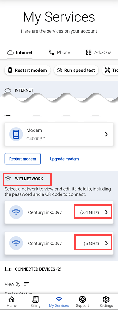 App "My Services" screen showing WiFi networks