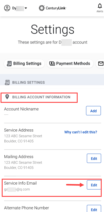 CenturyLink app, settings screen showing email address