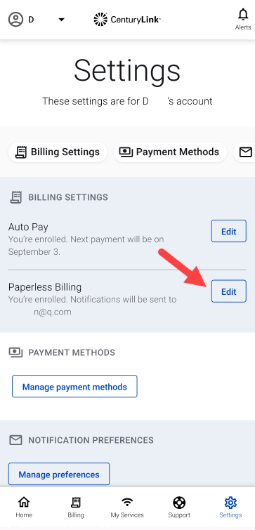 My CenturyLink app Settings screen with Paperless Billing pointed out