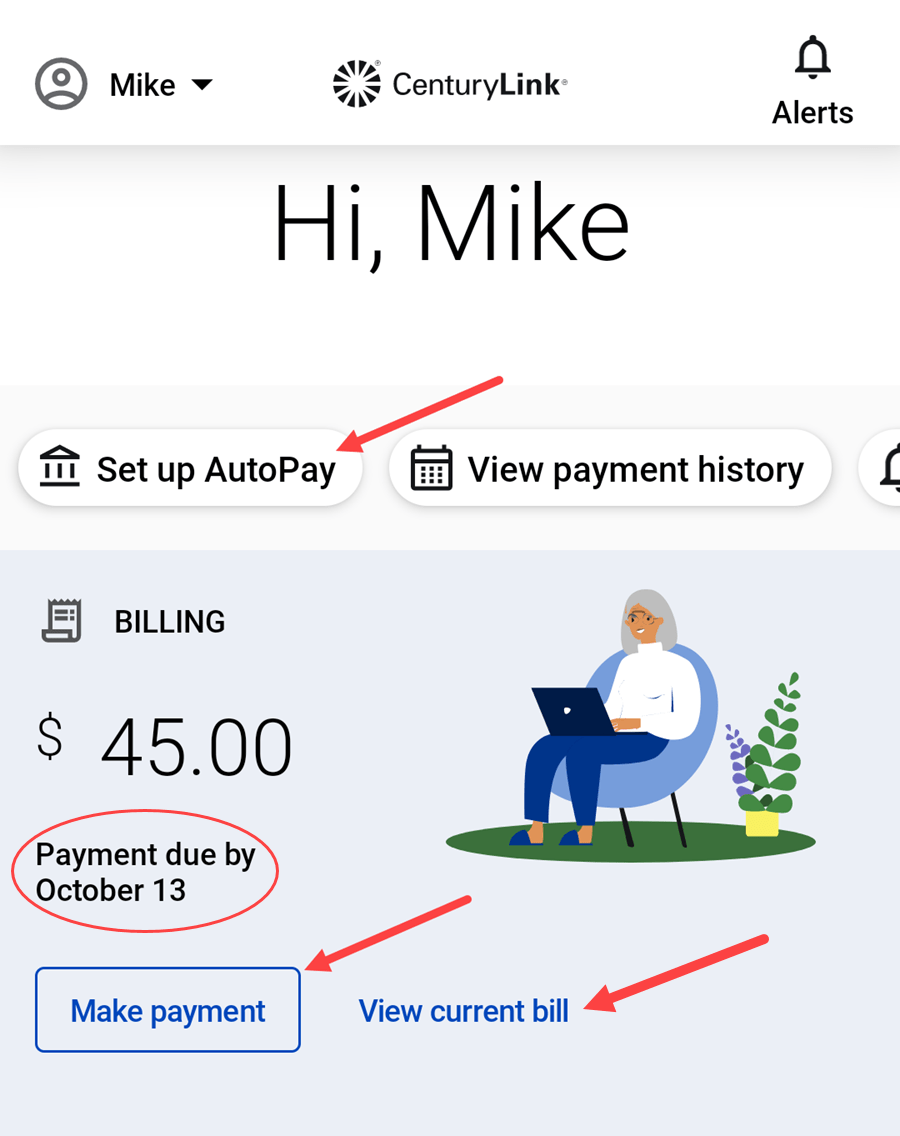 My CenturyLink app home page showing account balance