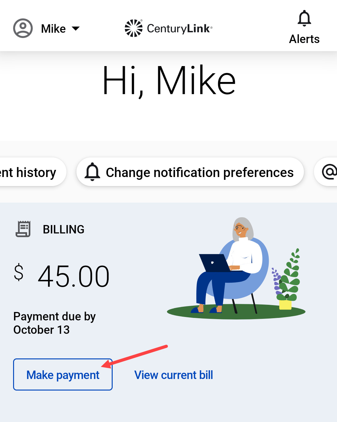 screenshot from app showing home screen with Make payment pointed to