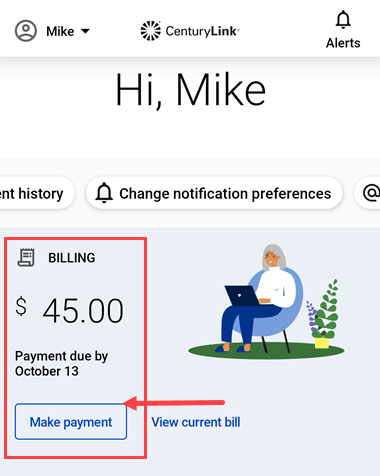 app screenshot of home screen with make payment button