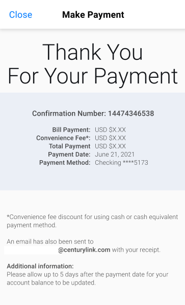  app screenshot of the payment confirmation