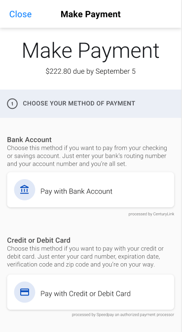 app screenshot showing the pay bill screen step 1, payment options