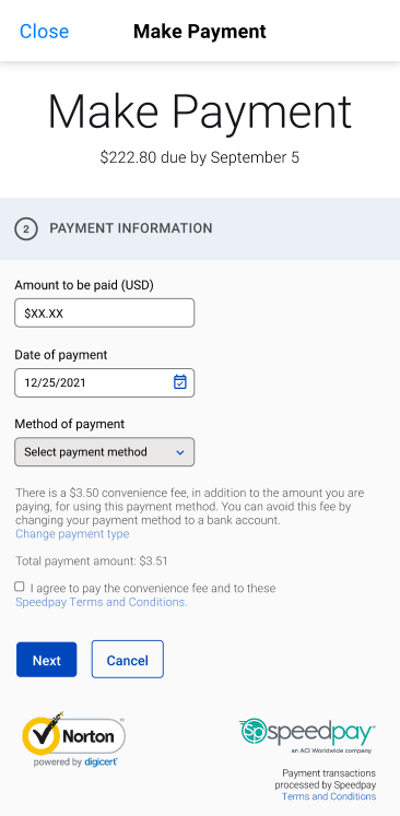 app screenshot of the payment details