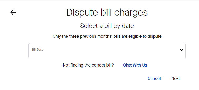 My CenturyLink dispute bill charges first screen to select the bill date