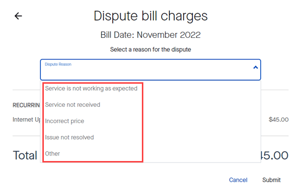 My CenturyLink dispute bill charges screen showing list of reasons to ask for a credit