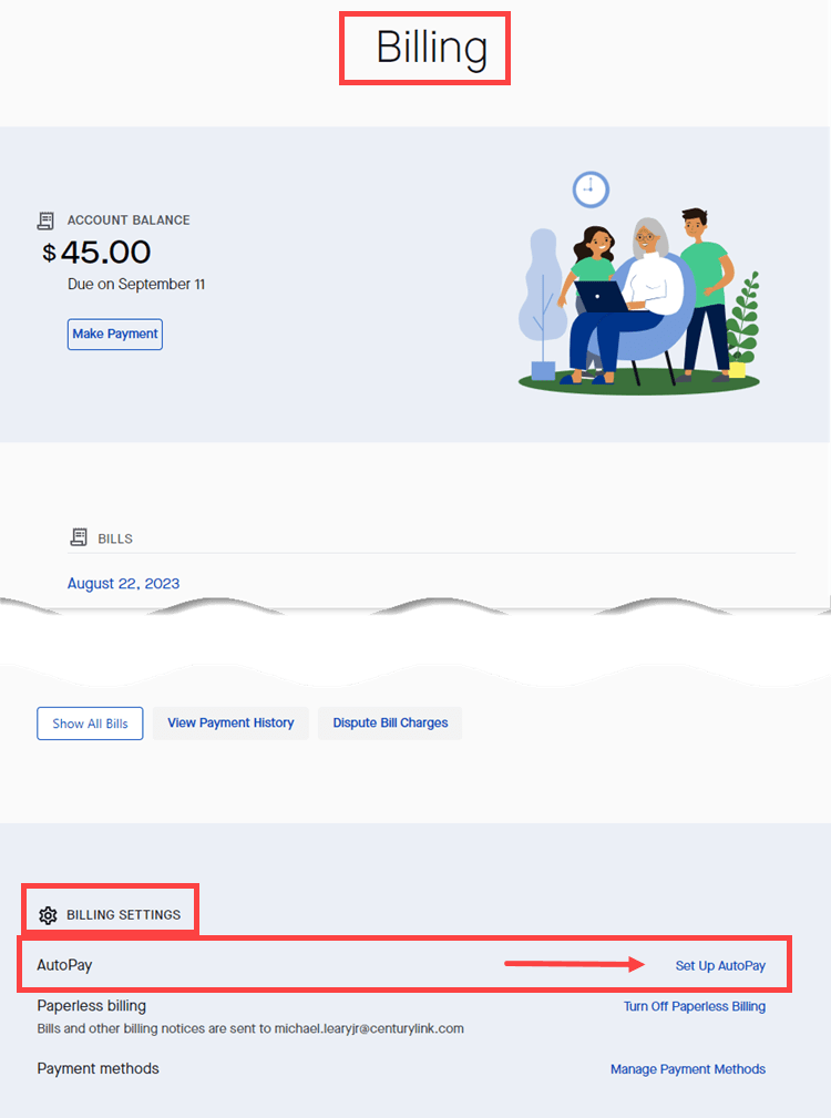 My CenturyLink Billing page with "set up AutoPay" circled