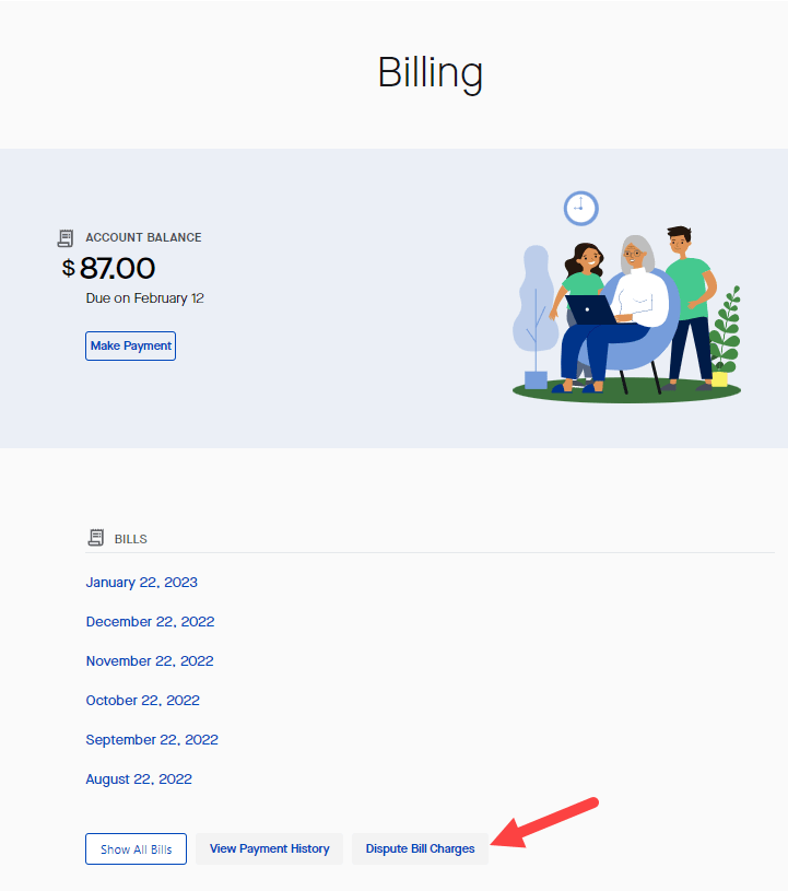 My CenturyLink Billing page showing button to dispute a charge
