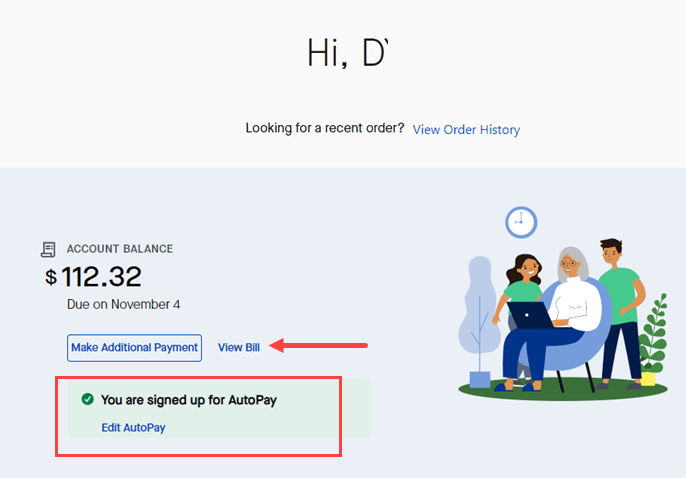 My CenturyLink home screen showing balance to be paid by autopay and link to view bill