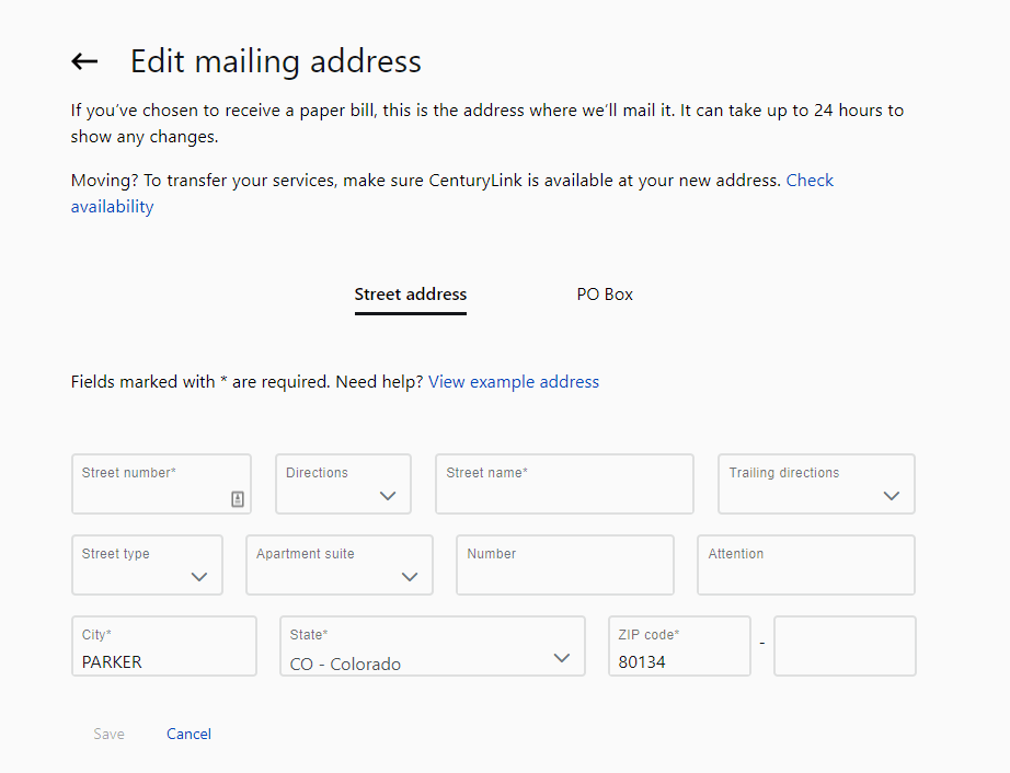 My CenturyLink - Edit Mailing Address screen