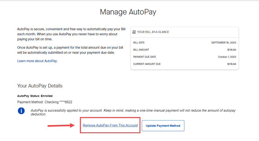 My CenturyLink Manage AutoPay screen showing link to remove