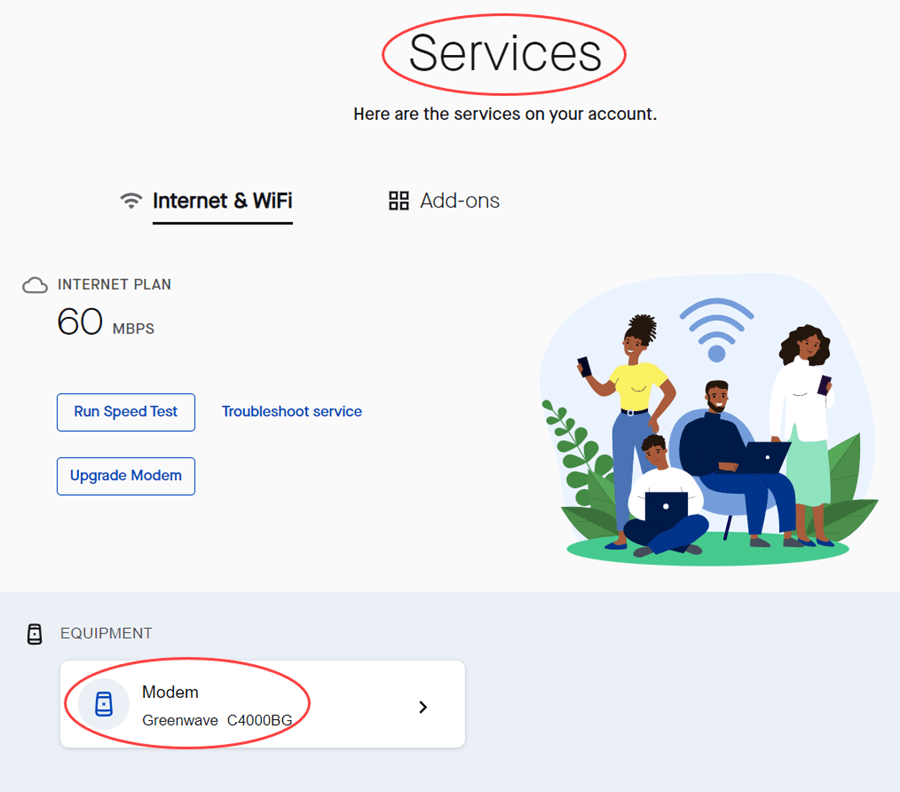 My CenturyLink website "services" page showing the modem in the equipment section