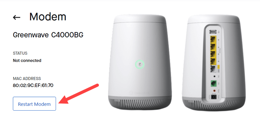 Screenshot from My CenturyLink modem page showing button to reboot modem