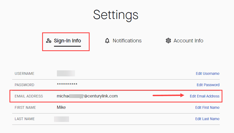 My CenturyLink settings - account info - email address