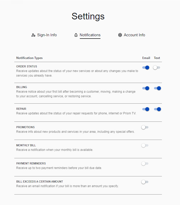 My CenturyLink settings - notifications