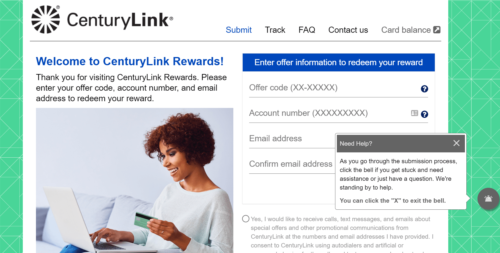 captura de pantalla de página de inicio de CenturyLink Rewards