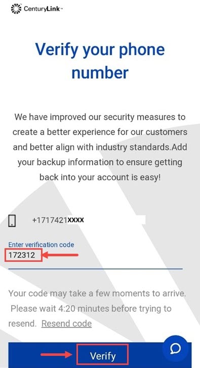 CenturyLink email phone verification screen