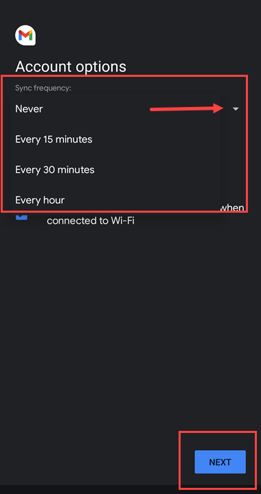 Android "Account options" screen showing sync frequency choices