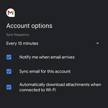 Android "Account options" screen