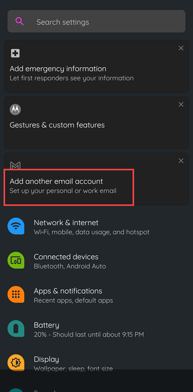 Android settings screen showing "Add another email account"