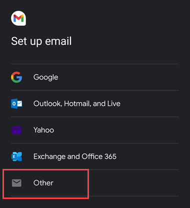 Android screen for set up email showing "other" selected