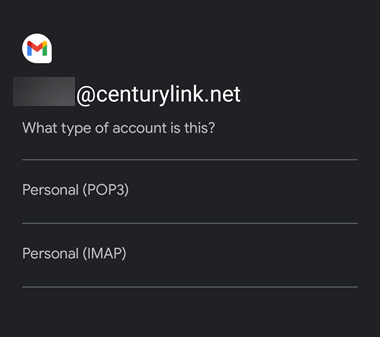 Android screen for email account type - POP or IMAP