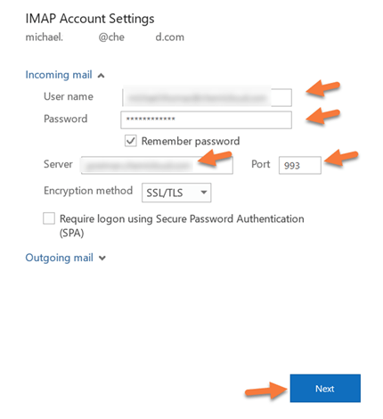 Screenshot - Outlook email server and port settings
