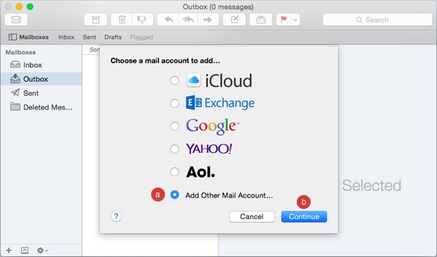 screenshot of email setup for Mac, showing email account choices