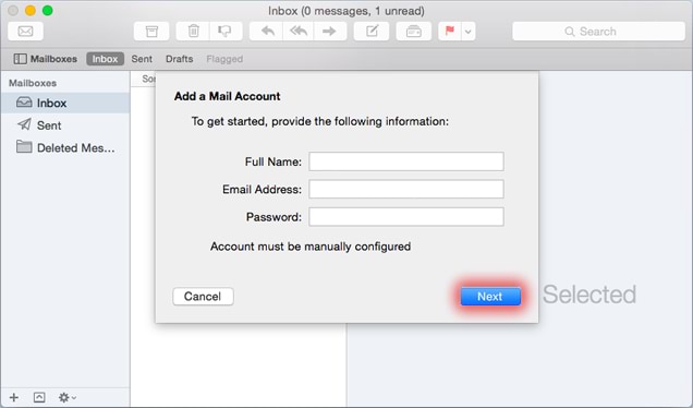 screenshot of email setup for Mac, showing manual configuration