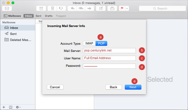 screenshot of email setup for Mac, showing incoming server settings