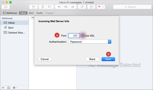 screenshot of email setup for Mac, showing incoming port server settings